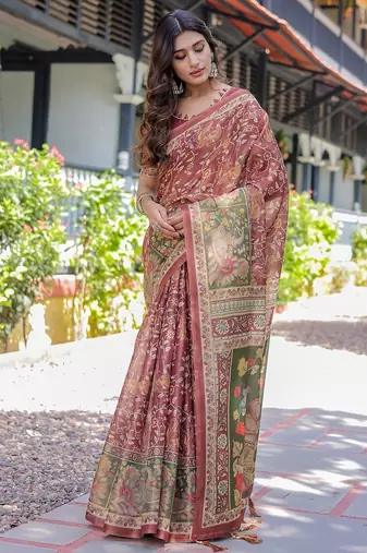 Women   s handloom cotton saree     floral printed with attached blouse & tassels
