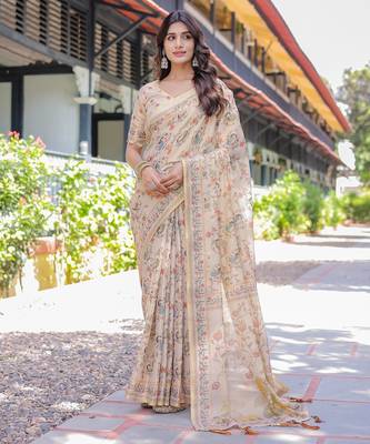 Premium floral print handloom cotton saree with pallu tassels     5.5m 1