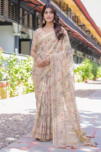 Premium floral print handloom cotton saree with pallu tassels     5.5m