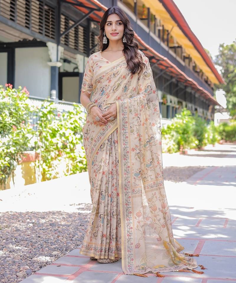 Premium floral print handloom cotton saree with pallu tassels     5.5m