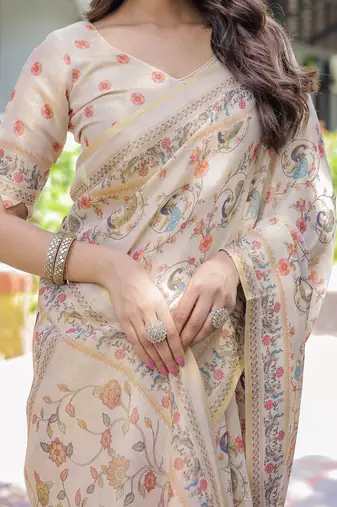 Premium floral print handloom cotton saree with pallu tassels     5.5m