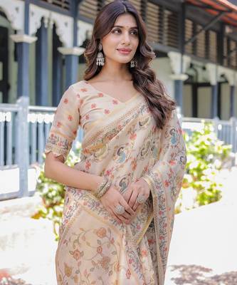 Premium floral print handloom cotton saree with pallu tassels     5.5m 3