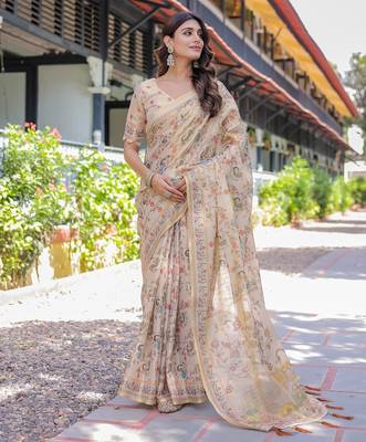 Premium floral print handloom cotton saree with pallu tassels     5.5m 4