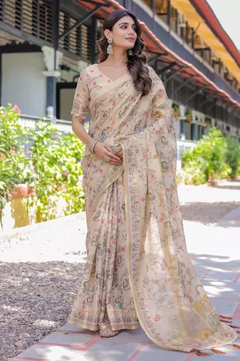 Premium floral print handloom cotton saree with pallu tassels     5.5m