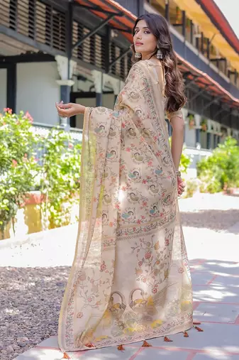 Premium floral print handloom cotton saree with pallu tassels     5.5m