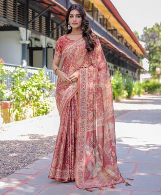 Printed handloom cotton saree for women with floral design and tassels 1