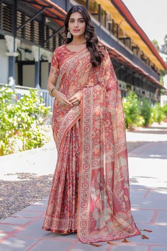 Printed handloom cotton saree for women with floral design and tassels