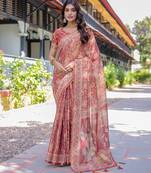 Printed handloom cotton saree for women with floral design and tassels