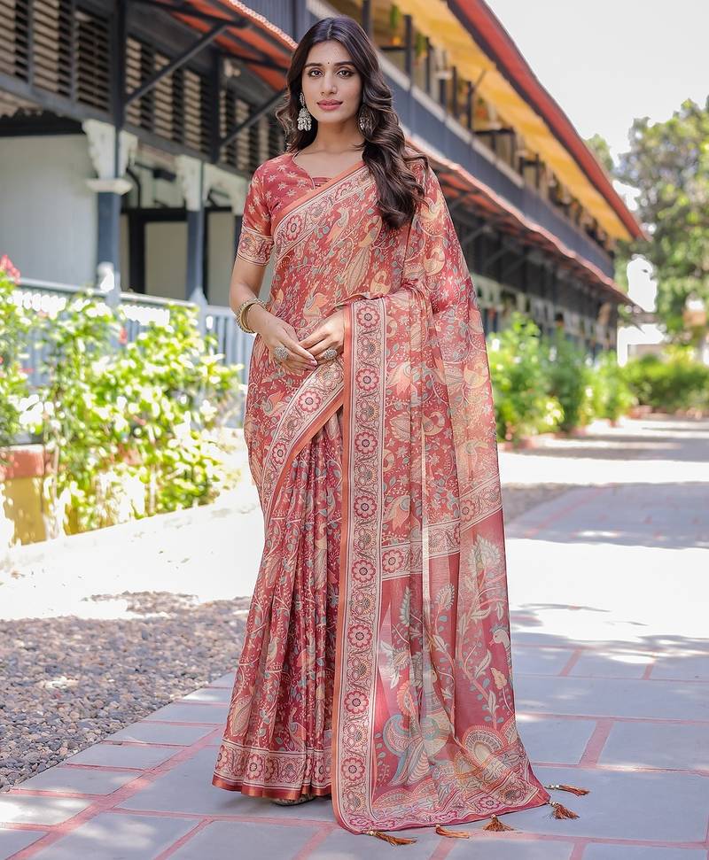 Printed handloom cotton saree for women with floral design and tassels