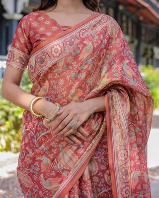 Printed handloom cotton saree for women with floral design and tassels 2