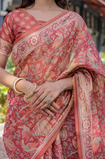 Printed handloom cotton saree for women with floral design and tassels