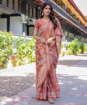Printed handloom cotton saree for women with floral design and tassels 4