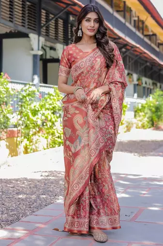 Printed handloom cotton saree for women with floral design and tassels