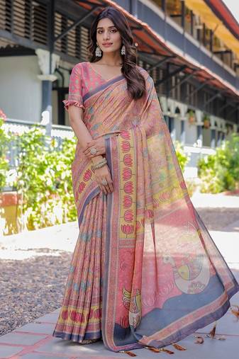 Soft handloom cotton saree with multicolor floral print and tassel edges