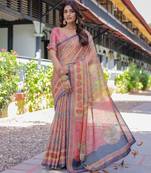 Soft handloom cotton saree with multicolor floral print and tassel edges