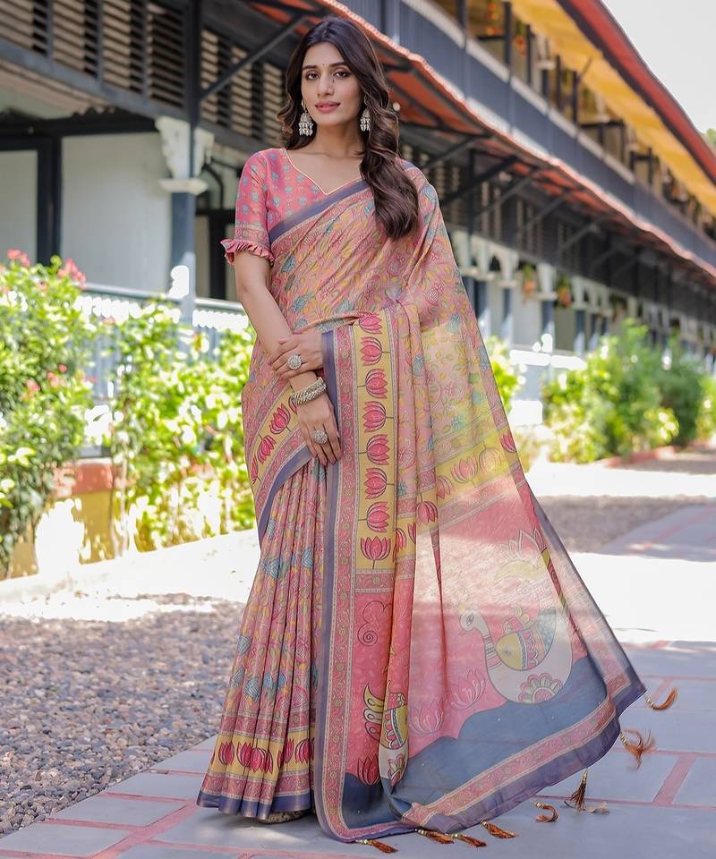 Soft handloom cotton saree with multicolor floral print and tassel edges