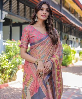 Soft handloom cotton saree with multicolor floral print and tassel edges 2