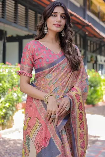 Soft handloom cotton saree with multicolor floral print and tassel edges