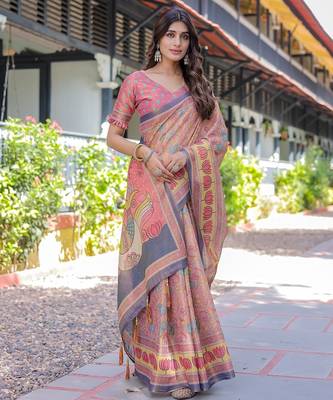 Soft handloom cotton saree with multicolor floral print and tassel edges 3