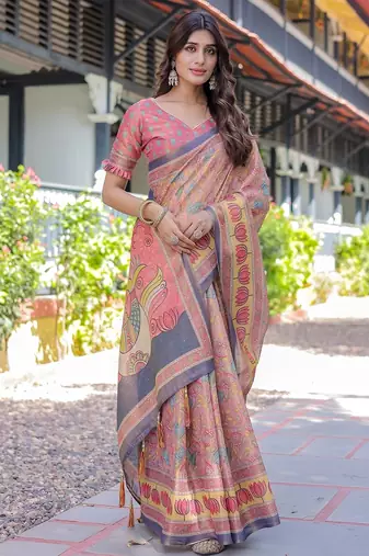 Soft handloom cotton saree with multicolor floral print and tassel edges