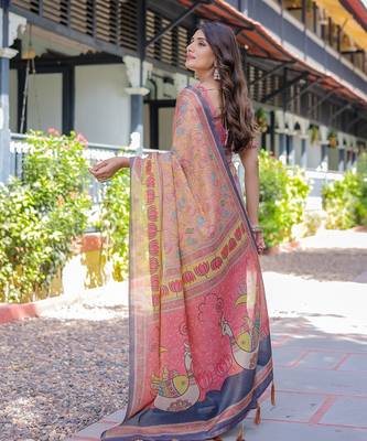 Soft handloom cotton saree with multicolor floral print and tassel edges 4