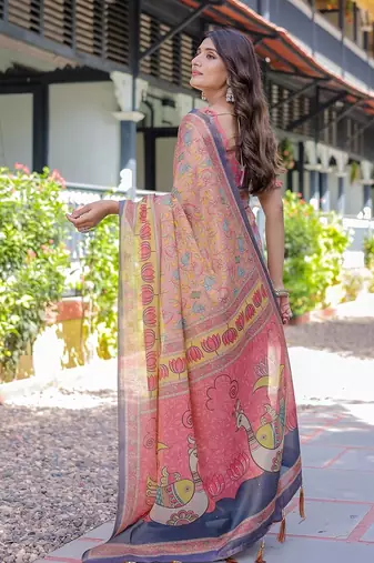 Soft handloom cotton saree with multicolor floral print and tassel edges