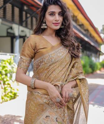 Stylish cotton handloom saree with floral digital print and tassels     5.5m + 0.8m 2