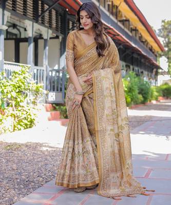 Stylish cotton handloom saree with floral digital print and tassels     5.5m + 0.8m 3