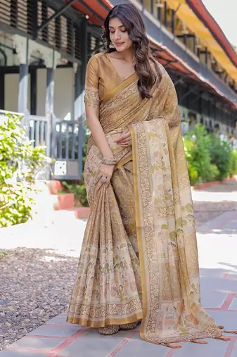 Stylish cotton handloom saree with floral digital print and tassels     5.5m + 0.8m