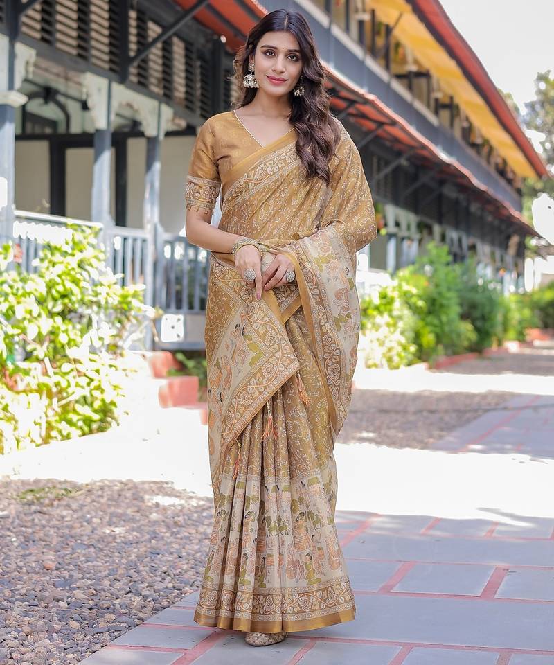 Stylish cotton handloom saree with floral digital print and tassels     5.5m + 0.8m