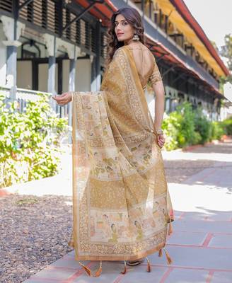 Stylish cotton handloom saree with floral digital print and tassels     5.5m + 0.8m 5