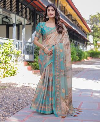 Festive ready handloom cotton saree with floral artwork & matching blouse 1