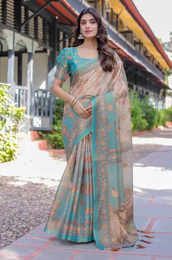 Festive ready handloom cotton saree with floral artwork & matching blouse