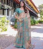 Festive ready handloom cotton saree with floral artwork & matching blouse