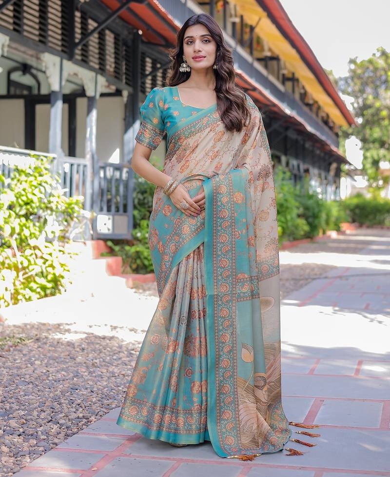 Festive ready handloom cotton saree with floral artwork & matching blouse