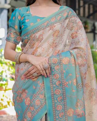 Festive ready handloom cotton saree with floral artwork & matching blouse 2