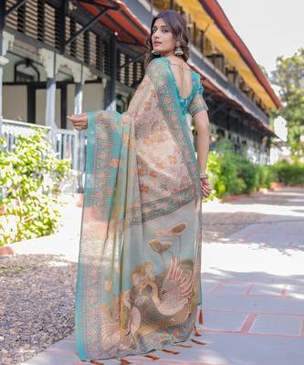 Festive ready handloom cotton saree with floral artwork & matching blouse 3
