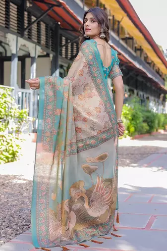 Festive ready handloom cotton saree with floral artwork & matching blouse