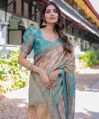 Festive ready handloom cotton saree with floral artwork & matching blouse 4