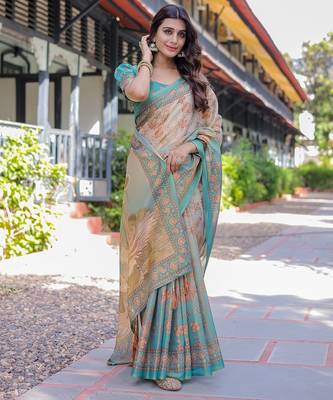 Festive ready handloom cotton saree with floral artwork & matching blouse 5
