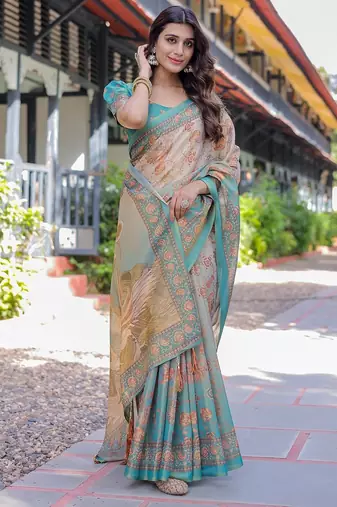 Festive ready handloom cotton saree with floral artwork & matching blouse