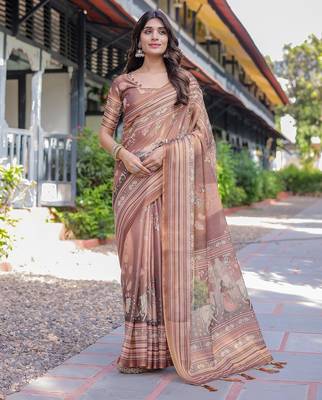Handloom cotton floral printed saree with tassels & attached blouse     5.5m 1