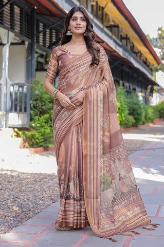 Handloom cotton floral printed saree with tassels & attached blouse – 5.5m