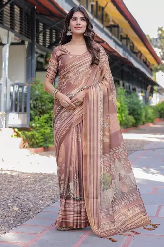 Handloom cotton floral printed saree with tassels & attached blouse     5.5m