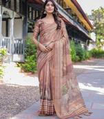 Handloom cotton floral printed saree with tassels & attached blouse     5.5m
