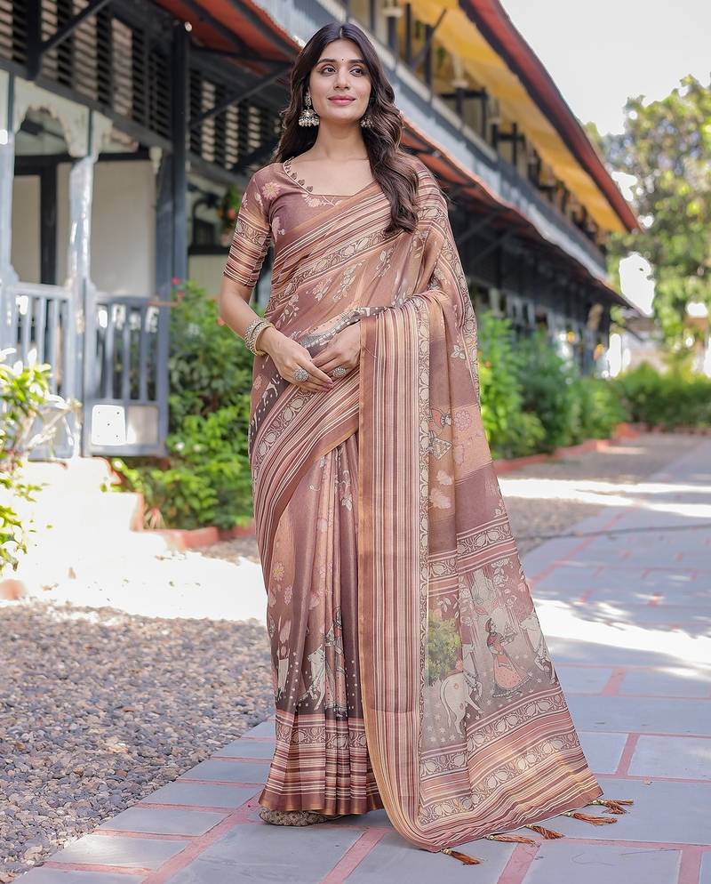 Handloom cotton floral printed saree with tassels & attached blouse     5.5m