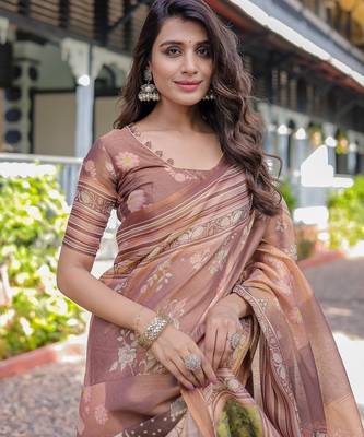 Handloom cotton floral printed saree with tassels & attached blouse     5.5m 2