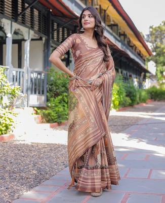 Handloom cotton floral printed saree with tassels & attached blouse     5.5m 3