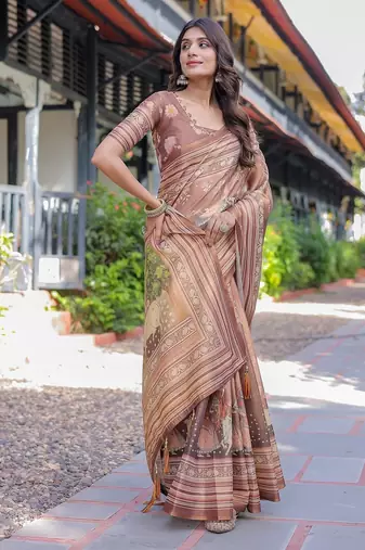 Handloom cotton floral printed saree with tassels & attached blouse     5.5m