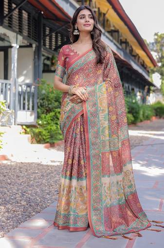 Elegant handloom cotton saree with floral print & tassel edges     5.5m + 0.8m blouse